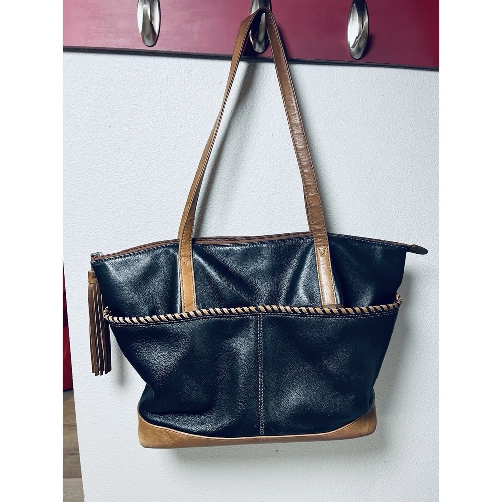 ILI New York Genuine Leather Tote Shoulder Bag Soft Whipstitch Tassel Zipper‎